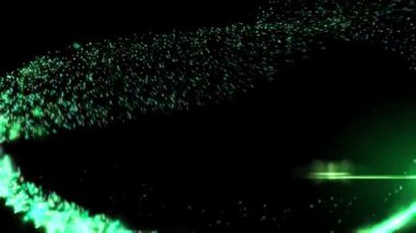 Karanlık bir zemin üzerinde hareket eden yeşil parçacıkların dinamik görüntüsü, enerji ve hareketi işaret ediyor..