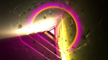 Katmanlı üçgenler ve canlı renkler içeren soyut geometrik tasarım dinamik bir görsel etki yaratır..