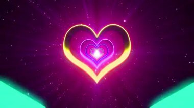 Kalp ve ışıklarla soyut bir arka plan. 3D görüntüleme, 3D resimleme.