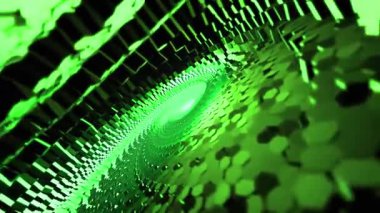 Üç boyutlu yeşil arkaplan, soyut geometrik elementler ve çizgiler, dijital teknoloji ve bilim çizgileri.