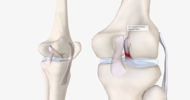 A tear in the anterior cruciate ligament is one of the most common knee injuries. 3D rendering