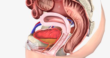 Weakened urethra and surrounding support structures allow urine to leak out of bladder 3D rendering