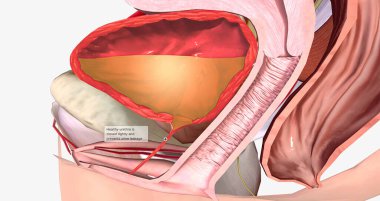 The female urethra is about 4 centimeters long and travels through the pelvic floor. 3D rendering