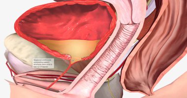 Weakened urethra and surrounding support structures allow urine to leak out of bladder 3D rendering