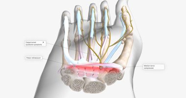Carpal Tunnel Syndrome - Wrist Pain isolated on white (transparent bones) 3D rendering