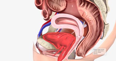 Grade 3 describes a cystocele in which the bulge passes the level of the hymen and is half-way out of the vaginal opening. 3D rendering