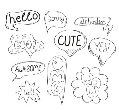 Elle çizilmiş komik metin dizisi vektörlü konuşma balonları. Uygulama ve internet için masajlar ve konuşma tabelaları. Çizgi roman patlamaları ile kısa mesaj, sevimli, teşekkürler, sosyal ağ için merhaba.