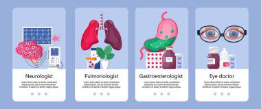 Gastroenterolog konsept vektörü. Hastanın beyin ensefalogramı. Akciğerler ve pulmonolog konsepti. Optometrist ve miyop tedavisi, gözlüklü gözler.