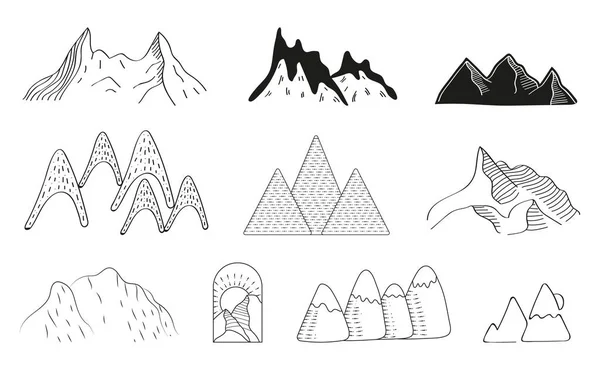 Mountains Doodle Icons Vector Set Rocks Silhouettes Sets Mountain Ranges — Stock Vector