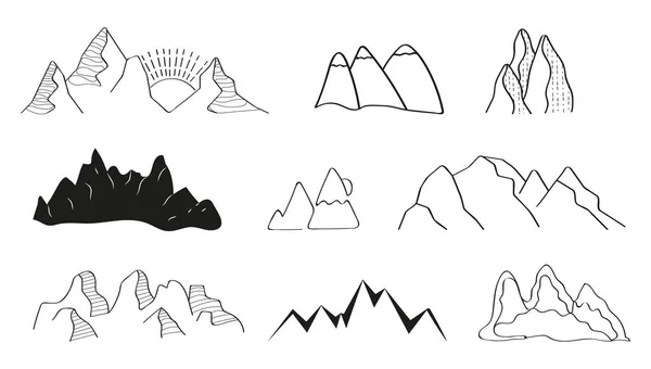 Mountains Doodle Icons Vector Set Rocks Silhouettes Sets Mountain Ranges — Stock Vector