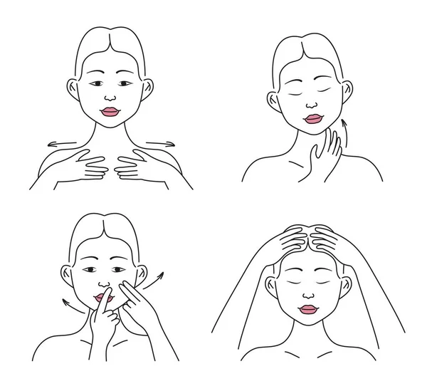 Masaje Facial Cuidado Facial Piel Hogar Conjunto Vectores Infografía Hermosa — Vector de stock
