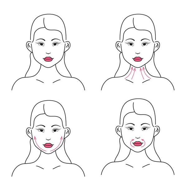顔にラインマッサージ フェイシャルマッサージ 自宅で顔の皮膚ケア インフォグラフィックベクトルセット アンチエイジング 彫刻を持ち上げる 顔のマッサージを行う女性は ラインスタイルで運動方向の概念を示しています — ストックベクタ