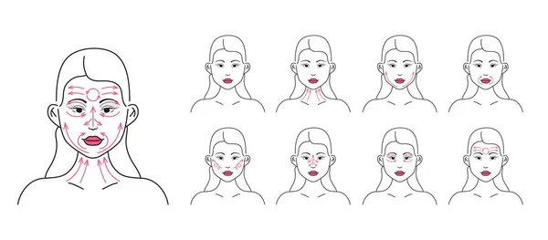 面部按线按摩 面部按摩 面部皮肤护理在家 信息载体集 做面部按摩的女人 以线条的形式展现动作方向的概念 — 图库矢量图片
