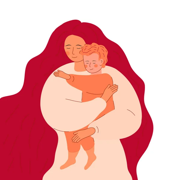 若い女性は幼い息子を腕に抱えている 幸せな母親 シングルマザーベクトルの概念 — ストックベクタ