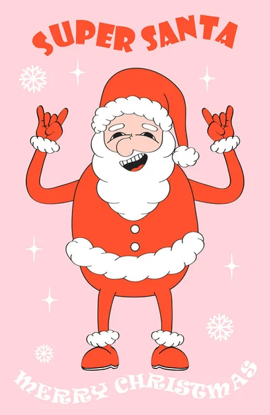 Super Kerstman Mascotte Kerstman Retro Vrolijk Kerstfeest Gelukkig Nieuwjaar Holly — Stockvector