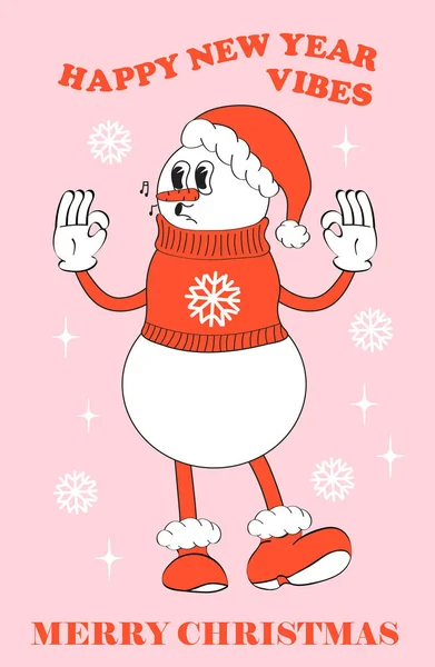 Retro Kardan Adam Retro Maskotu Mutlu Noeller Mutlu Yıllar Kutsal — Stok Vektör