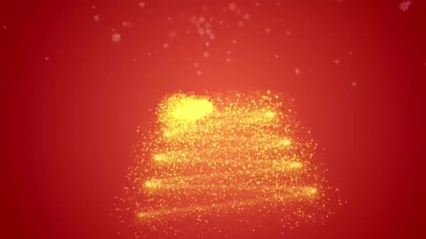 闪亮的金色圣诞树动画 新年贺卡 上面印有星尘微粒 点亮星星 雪花飘落在黑色上 圣诞节概念背景 — 图库视频影像