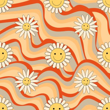 Groovy pattern with vintage daisy 70s, 60s lsd elements vector. Psychedelic, craisy floral background with camomile smiling faces. Fun hipster texture for paper, fabric, wallpaper. clipart