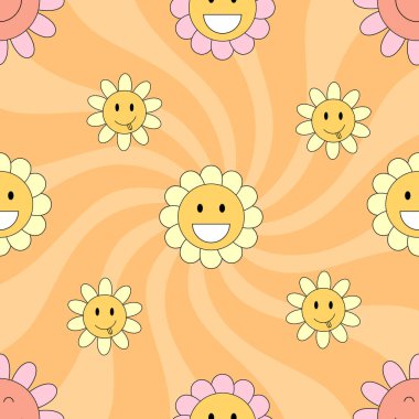 Klasik papatya desenli, 70 'li 60' lı yılların LSD element vektörü. Psikedelik, papatya çiçekli, gülen yüzlü. Kağıt, kumaş, duvar kağıdı için eğlenceli hippi dokusu.