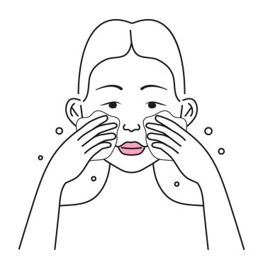 Kadın yüz ikon vektörünü yıka. - Evet. Adım adım kozmetik işlem. Kız, temizlik, mezgit suratlı ve Kore kaplıca temizleyicisini nasıl kullanacağını gösteriyor. Kil kullanımının bilgi- grafiği, taslak biçiminde fırçala.