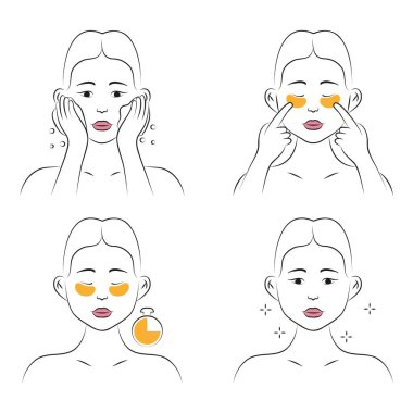 Göz bantları ikon vektörü uyguluyor. Göz altında yüz bakımı, tedavi, spa prosedürü, kaldırma. Kız temizlik yapmayı, kozmetik göz bandı kullanmayı öğretiyor. Taslak biçiminde bilgi grafiği.