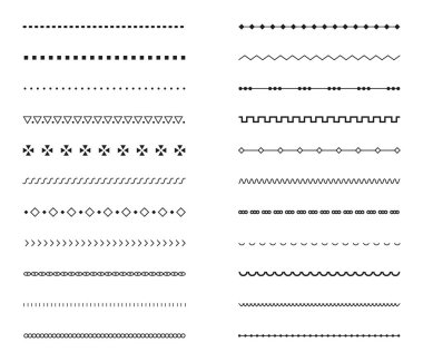 Dikiş, vektör ayarlandı. Dikilmiş dikişler büyük bir koleksiyon. Dikiş makinesi dikişleri. Kumaş yapısı için dikişsiz desen. Nakış kumaşının kenarı..