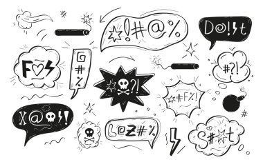 Yemin et, küfürlü kelimeler vektör kümesi. Çizgi film balonlarındaki kızgın, kaba adamlar. Karalama tarzı bomba işaretinde dinamit simgesi vektörü. Olumsuz duyguların metaforu, duyguların patlaması..