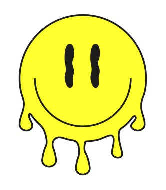Harika gülen yüz vektörü. Retro doodle damlayan emoji. Komik LSD, gerçeküstü, tekno, eriyen yüz işareti. Web baskıları için asit, trippy, saykodelik emoji.