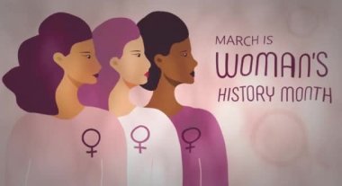 Woman history month video on flat style. Event is celebrated in March in USA, United Kingdom, Australia. Girl power and feminism illustration for web, poster, banner. Diverse races society.