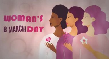 Womans day postcard video on flat style. Event is celebrated in 8th March Girl power and feminism illustration for web. Woman is holding bouquet of flowers.