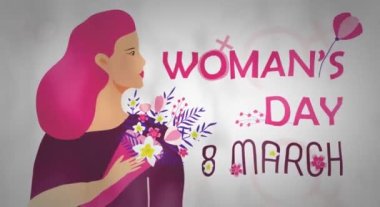 Womans day postcard video on flat style. Event is celebrated in 8th March Girl power and feminism illustration for web. Woman is holding bouquet of flowers.