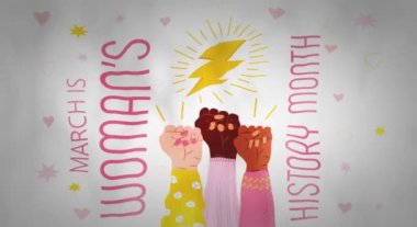 Woman history month video on flat style. Event is celebrated in March in USA, United Kingdom, Australia. Girl power and feminism illustration for web, poster, banner. Diverse races society.