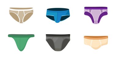 Men underwear design vector set in flat style. Boy underpants. Doodle male slimming or swimming underwear clothes. Trunks, colorful panties, briefs. Underclothes and garment illustration.