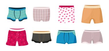 Men underwear design vector set in flat style. Boy underpants. Doodle male slimming or swimming underwear clothes. Trunks, colorful panties, briefs. Underclothes and garment illustration.