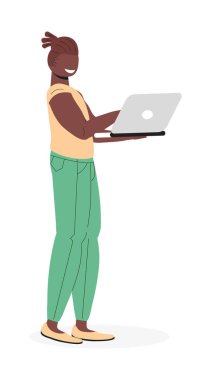 Freelancer works with clients using laptop. Digital nomad concept vector in trendy flat style. oncept of remote work from anywhere in the world. Successful online business.