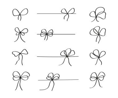 Karalama stili bir hediye için kurdele. Çizgi düğüm elemanları vektörü el çizimi biçiminde. Basit zarif yay koleksiyonu