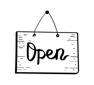Açık kapı etiketi vektör el çizimi. Dükkan kapısı çizim stili çizim çizimi. Pencere açık dükkan etiketi.