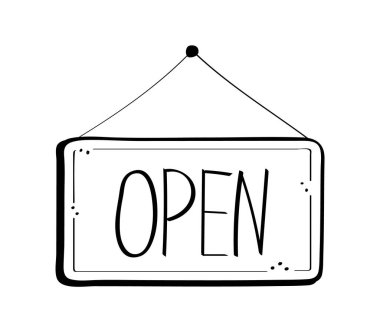 Açık kapı etiketi vektör el çizimi. Dükkan kapısı çizim stili çizim çizimi. Pencere açık dükkan etiketi.