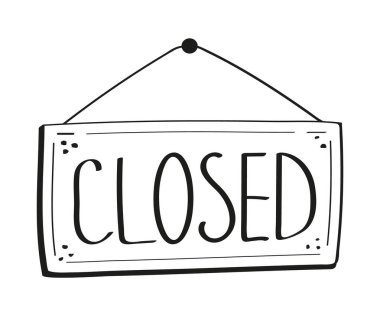 Kapalı kapı etiketi vektör el çizimi. Dükkan kapısı çizim stili çizim çizimi. Pencere açık dükkan etiketi.