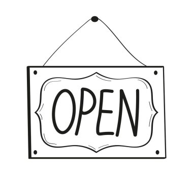 Açık kapı etiketi vektör el çizildi. Dükkan kapısı çizim stili çizim çizimi. Pencere açık dükkan etiketi.