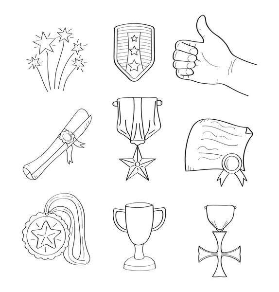 First Place Doodle Icon Winner Prize Champion Cup Ribbon Hand — Vettoriale Stock