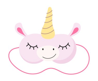 Rüya vektörü için sevimli bir maske. Gece için dinlenme aksesuarları. Gözleri olan uyku maskesi, hayvanların yüzü ve gülümsemesi. Elle çizilmiş stil.