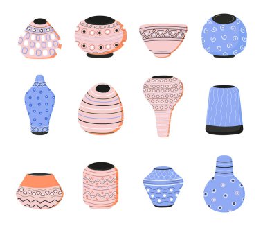 Süs vektörü seti olan seramik saksılar. Elle çizilmiş boş saksılar. Ev bitkileri için kil çömlek koleksiyonu. Terracotta, seramik ekiciler kapalı ya da bahçe dekorasyonu için.