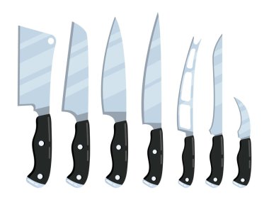 Mutfak bıçakları vektör belirledi. Et, sebze kesmek için profesyonel mutfak bıçakları, kesim için mutfak gereçleri, restoranlar için bıçaklı aşçılar, kafeler için. Düz biçimli paslanmaz çelik koleksiyonu.