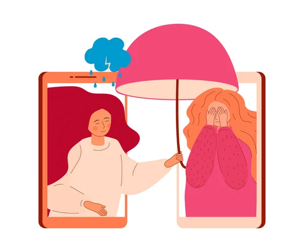 온라인 심리학 도움이 슬프고 머리카락을 벡터의 의사가 우산을 우울증 — 스톡 벡터