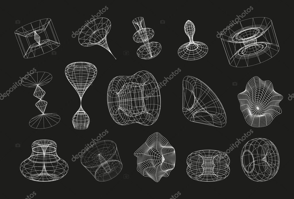 Retrofuturistic, wireframe line elements vector set. Polar grid, portals circle. Abstract geometry, blackhole, bipyramide sign. Gravity tunnel in line style. Perspective grids in cyberpunk style.