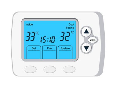 Termostat vektörü. Yerler için ekranı, ısıtması, vantilatörü olan bir kontrolör. Elektronik termostat dairedeki sıcaklığı uzaktan kontrol eder ve düzenler. İklim denetimi düğmesi resimleme.