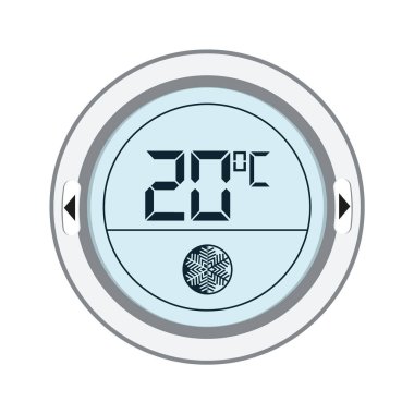 Termostat vektörü. Yerler için ekranı, ısıtması, vantilatörü olan bir kontrolör. Elektronik termostat dairedeki sıcaklığı uzaktan kontrol eder ve düzenler. İklim denetimi düğmesi resimleme.