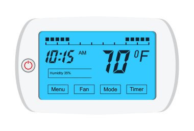 Termostat vektörü. Yerler için ekranı, ısıtması, vantilatörü olan bir kontrolör. Elektronik termostat dairedeki sıcaklığı uzaktan kontrol eder ve düzenler. İklim denetimi düğmesi resimleme.