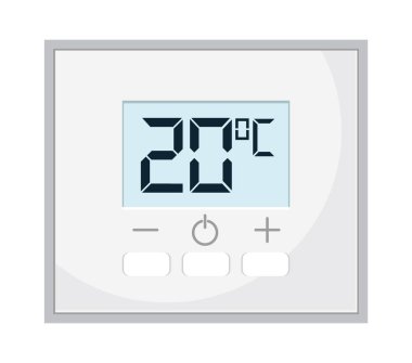 Termostat vektörü. Yerler için ekranı, ısıtması, vantilatörü olan bir kontrolör. Elektronik termostat dairedeki sıcaklığı uzaktan kontrol eder ve düzenler. İklim denetimi düğmesi resimleme.